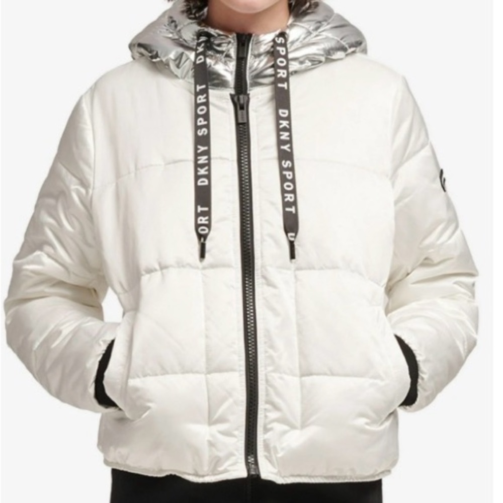 DKNY White and Silver Puffer Jacket